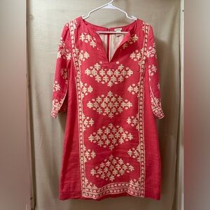 J.Crew Linen Cotton Shift Dress Size 4 Coral Pink White Print Summer Tunic